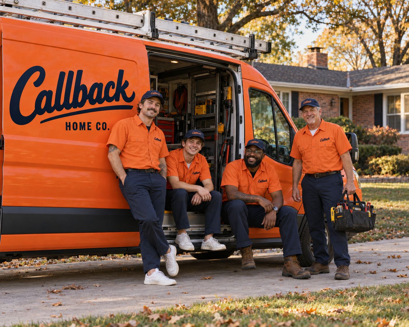 Four Callback techs in orange shirts around the orange van